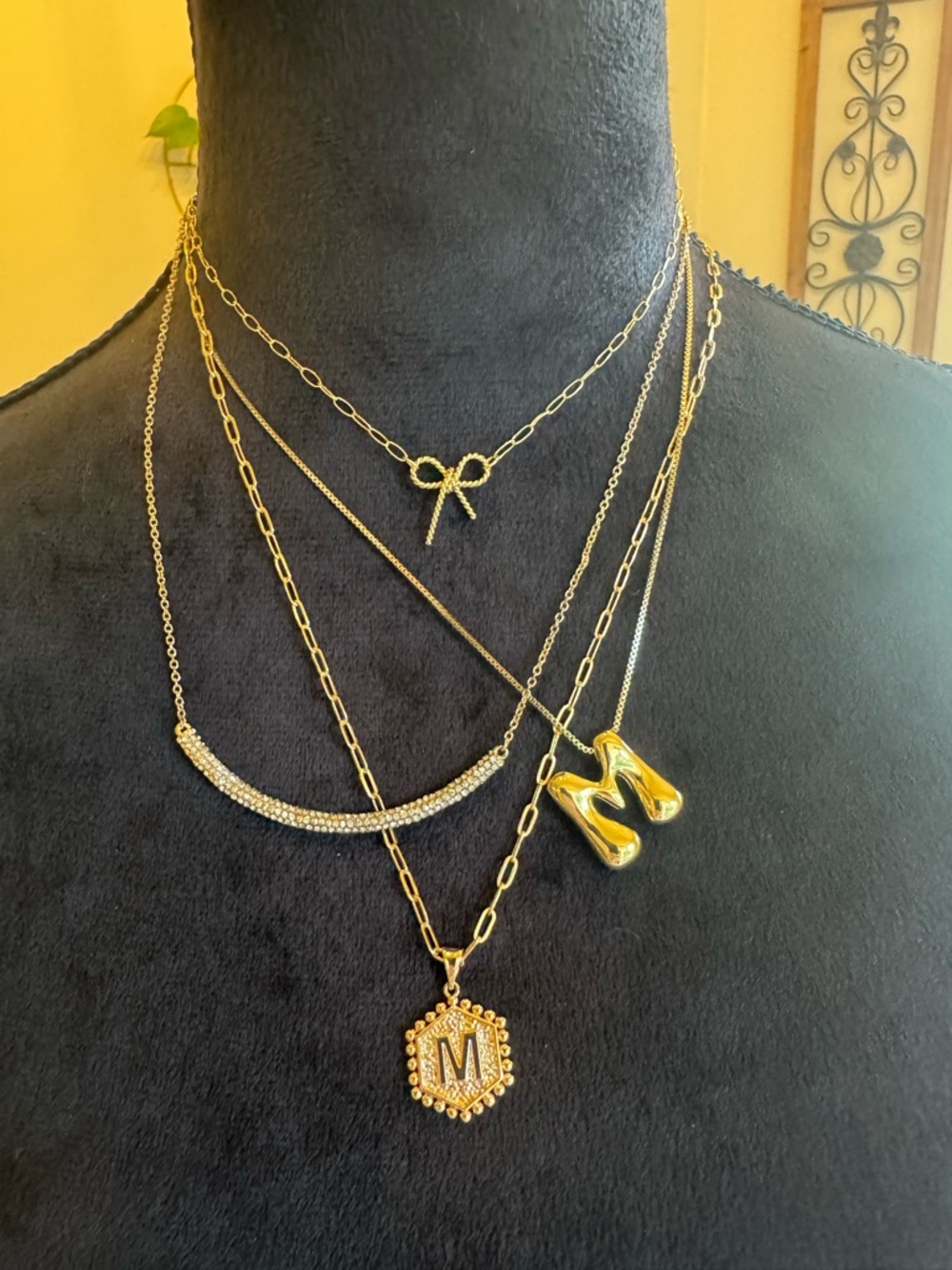 Gold Tone Necklace Stack w/Bow, Initial M, Pave Bar